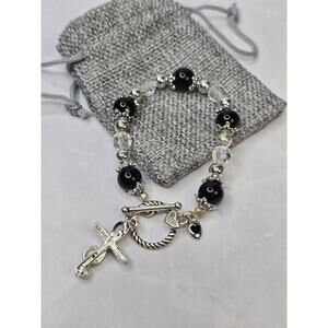 Black Silver Beaded Bracelet Silver Cross Charm